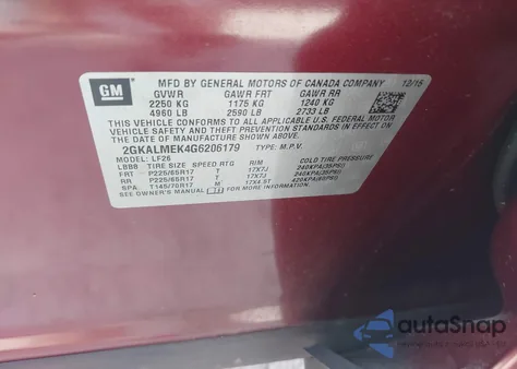 2016 GMC Terrain Sle-1 z USA, uszkodzony, nr VIN 2GKALMEK4G6206179